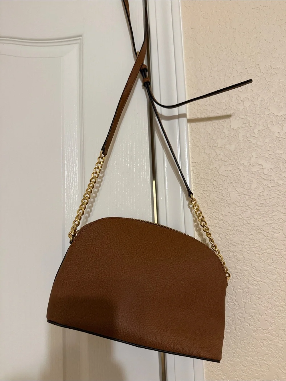 Michael Kors Cognac Leather Dome Crossbody with Gold Chain
